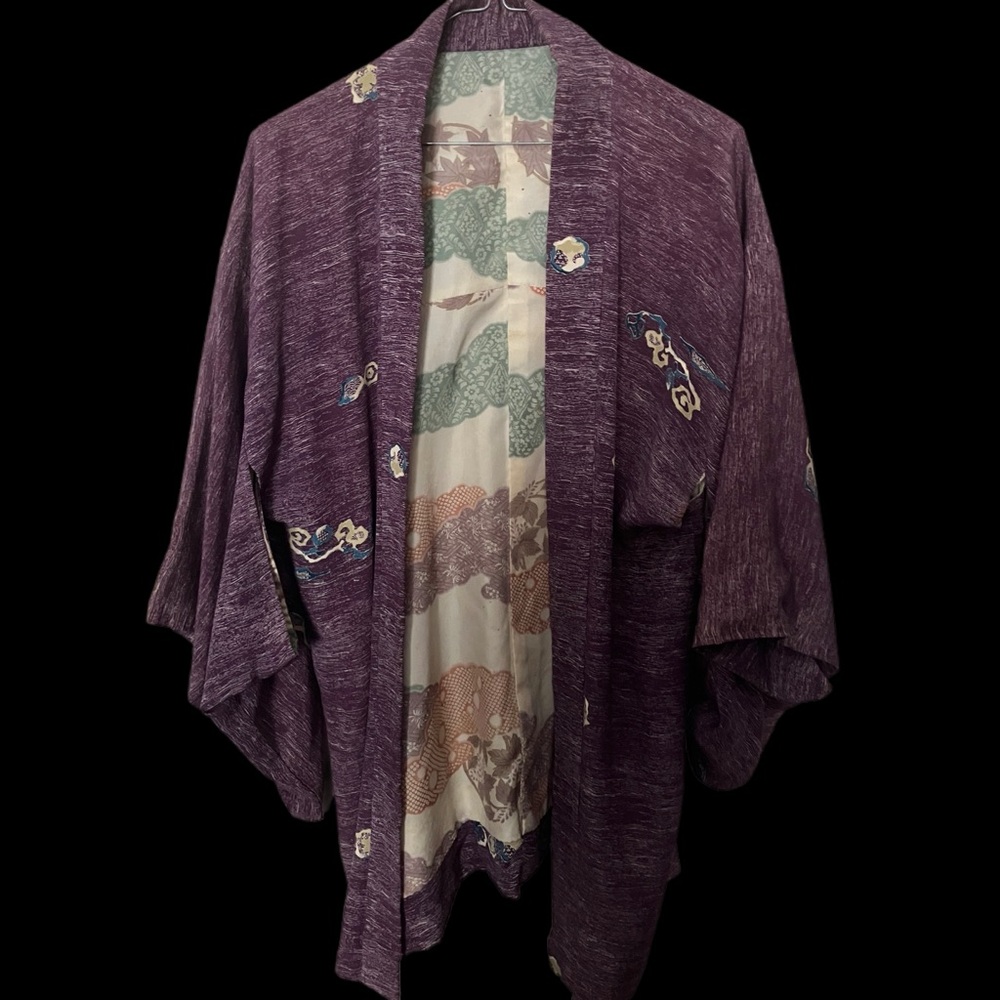 Purple Women’s Vintage Antique Silk  Haori Coat Short Kimono with Clouds